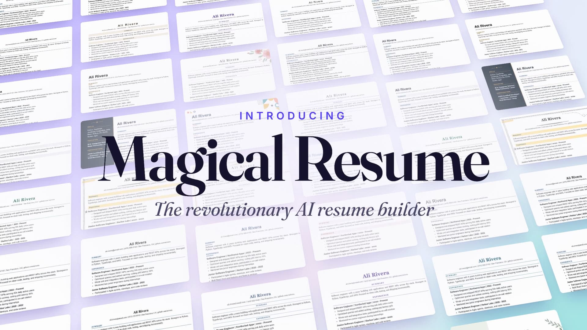 The film's opening frame: the Magical Resume title over a wall of resume pages in different themes.